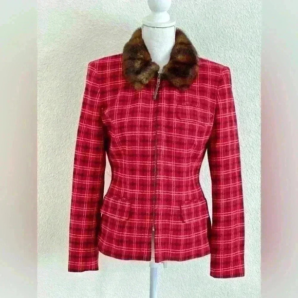 Lauren Ralph Lauren Red Plaid Jacket with Faux Fur Collar Size 6 - Picture 1 of 10